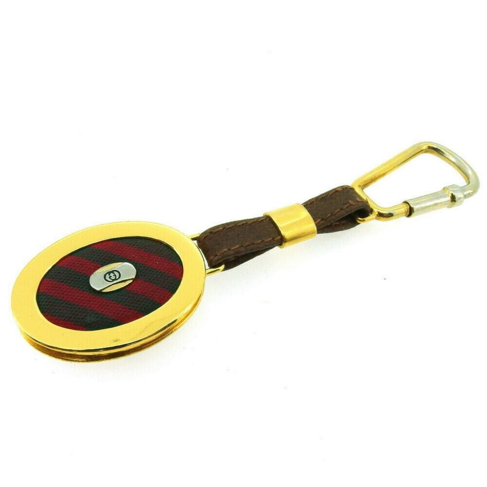 AUTH GUCCI Key Ring Sherry Line Gold Bracket Leather PVC